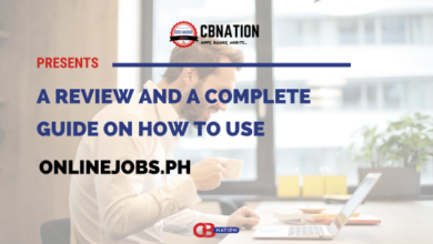 A man sits at a desk working on a laptop. The image is overlaid with text reading "A review and a complete guide on how to use OnlineJobs.ph" by CBNation, detailing how to use online jobs.ph effectively.