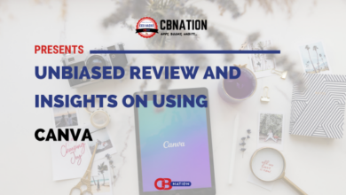 A webinar banner titled "Unbiased Review and Insights on Using Canva" presented by CBNation. The backdrop includes a desk with various items such as a notebook, pen, and potted plants. Learn how to make CV on Canva with expert tips during this informative session.