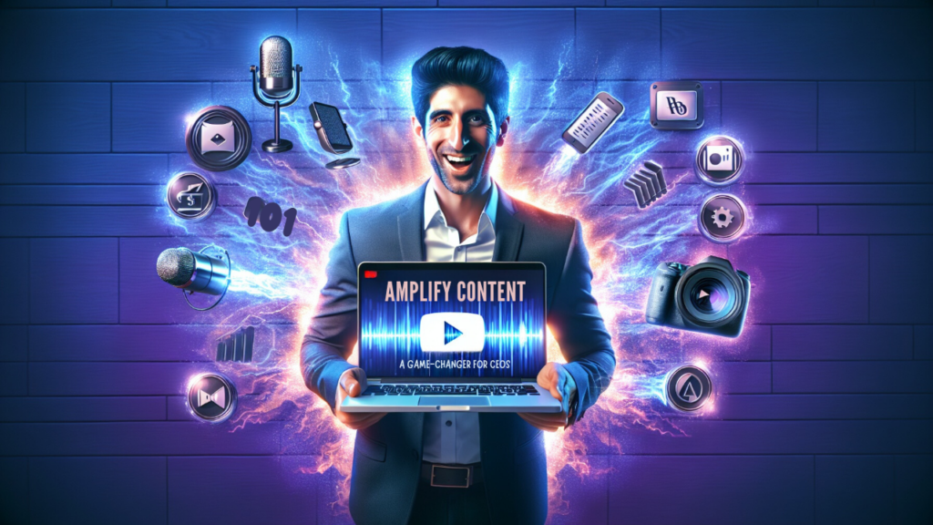 Man holding a laptop with "Amplify Content" on the screen, surrounded by icons of a microphone, camera, and social media symbols against a blue-purple electrified background.