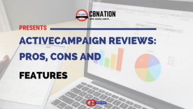 A laptop displaying charts next to a tablet showing text, with "ActiveCampaign Reviews: Pros, Cons, and Features" written across the image. Learn how to send an email in ActiveCampaign efficiently.