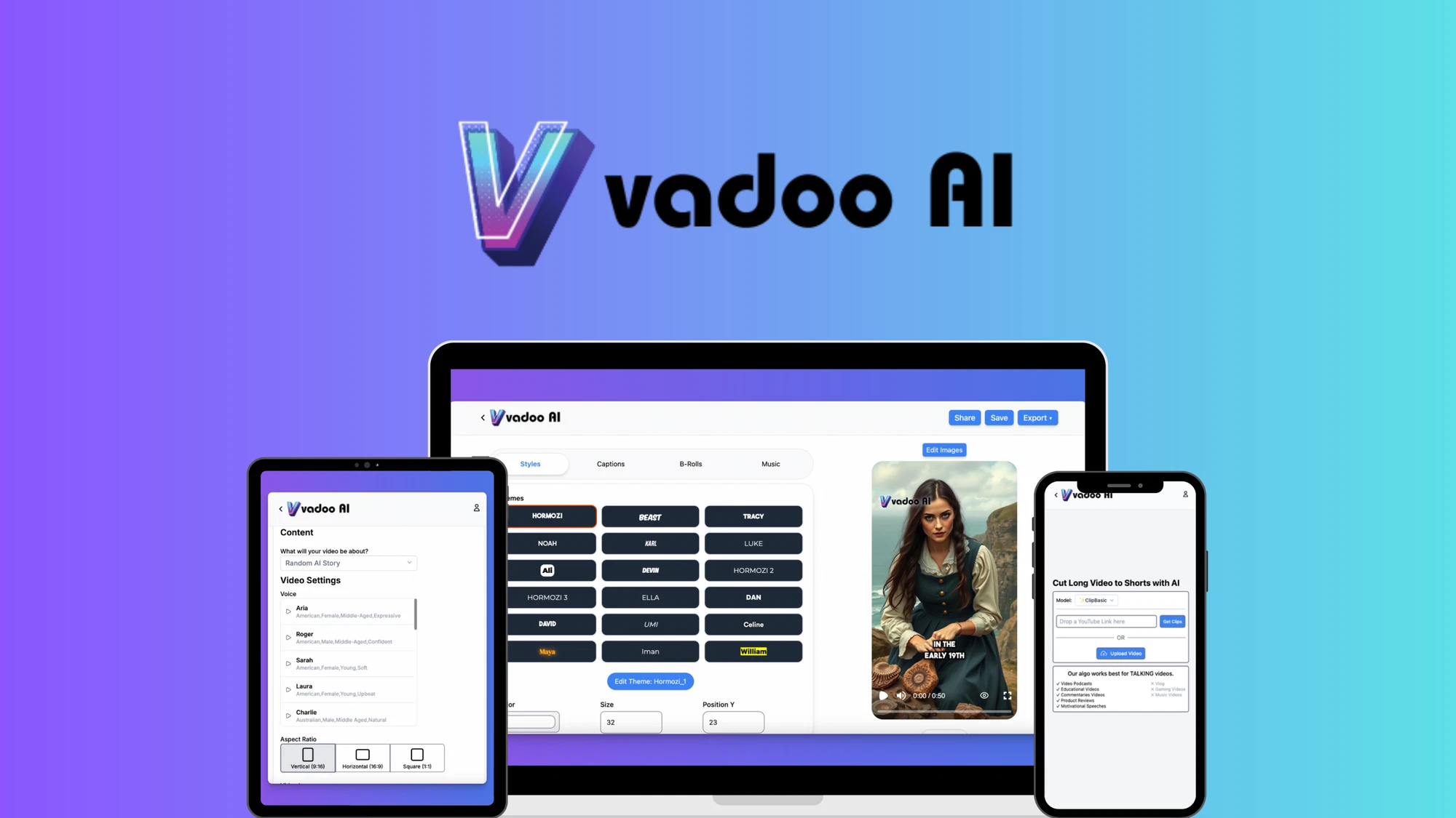 Vadoo AI logo displayed above a laptop, tablet, and smartphone showing the Vadoo AI interface on a blue and purple gradient background.