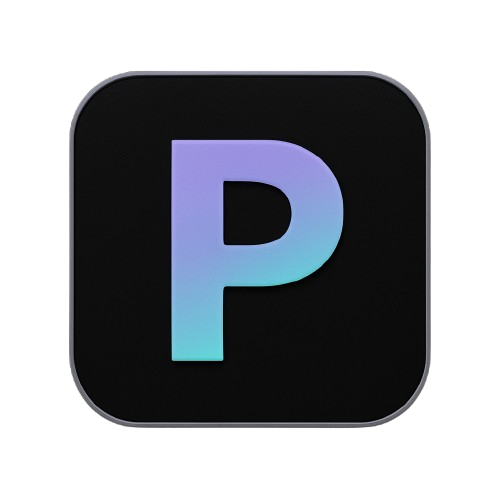 A rounded black square icon with a large, gradient blue and purple letter "P" in the center.