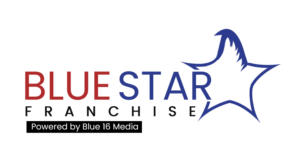 Logo for Blue Star Franchise featuring the words "Blue Star Franchise" with a blue outlined star and "Powered by Blue 16 Media" in a black box below.