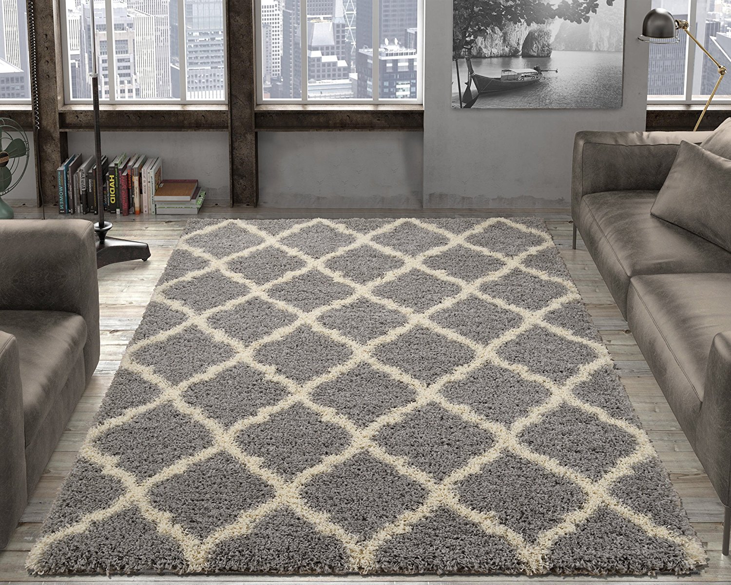 Ottomanson Ultimate Shaggy Collection Moroccan Trellis Design Shag Rug Contemporary Bedroom and Living room Soft Shag Rugs