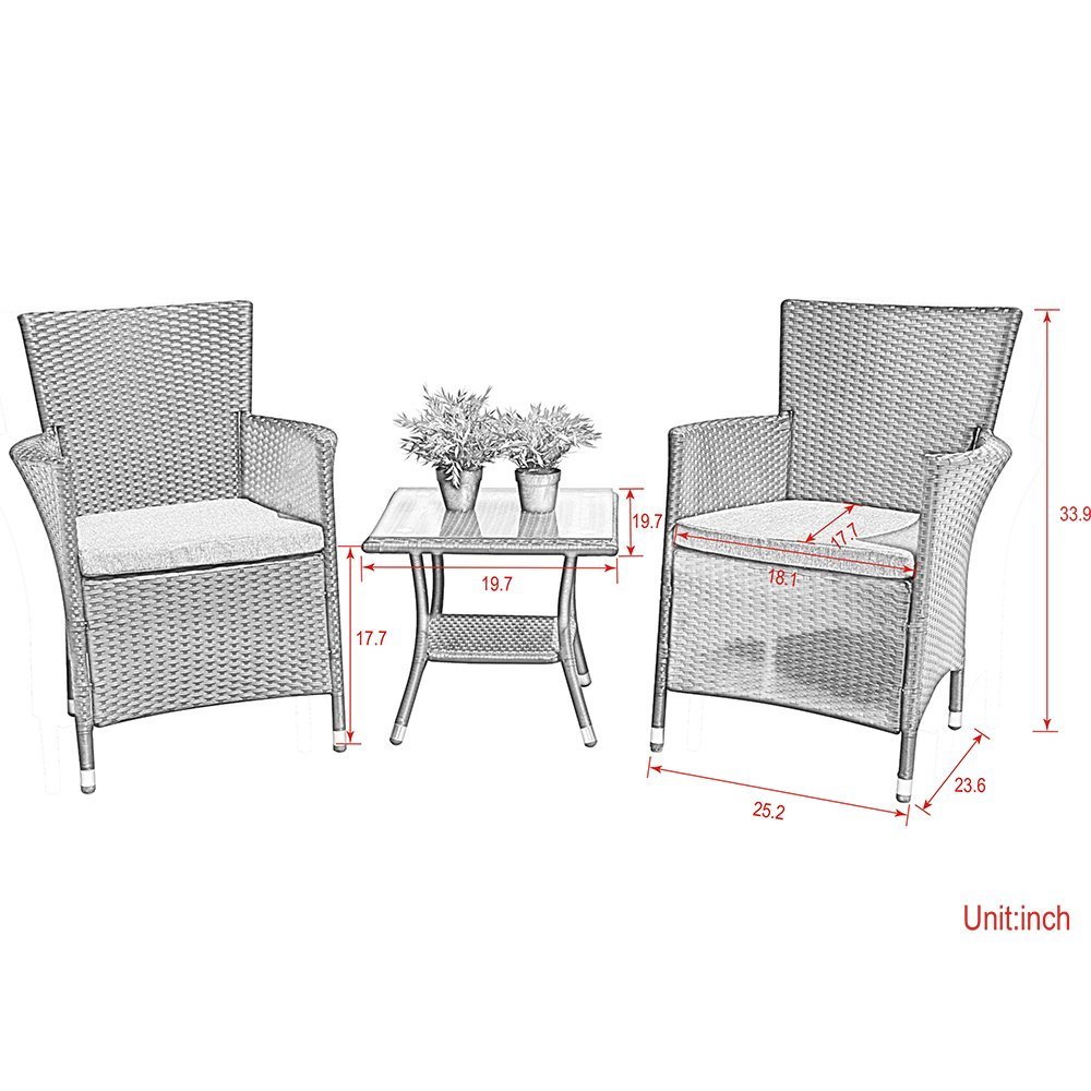 PATIOROMA 3PC Patio Outdoor Rattan Furniture Set Cushioned Garden Table and Chairs with Gray Cushions, Black PE Wicker