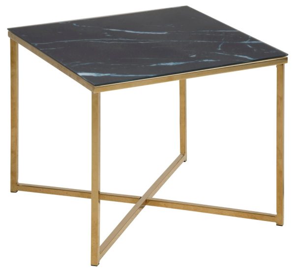 ACT NORDIC Alisma firkantet hjørnebord, Sort marmor Marquina hærdet og frostet glas, Ben gylden krom metal, 50x50x42 cm