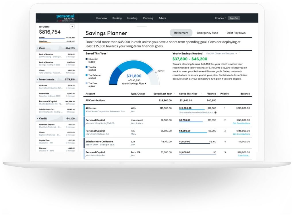 Screenshot of savings planner on Personal Capital