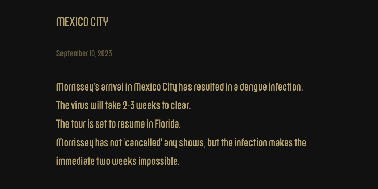 ¿Morrissey se enfermó de dengue y por eso pospuso su concierto en CDMX?, esto sabemos ¿Morrissey se enfermó de dengue y por eso pospuso su concierto en CDMX?, esto sabemos
