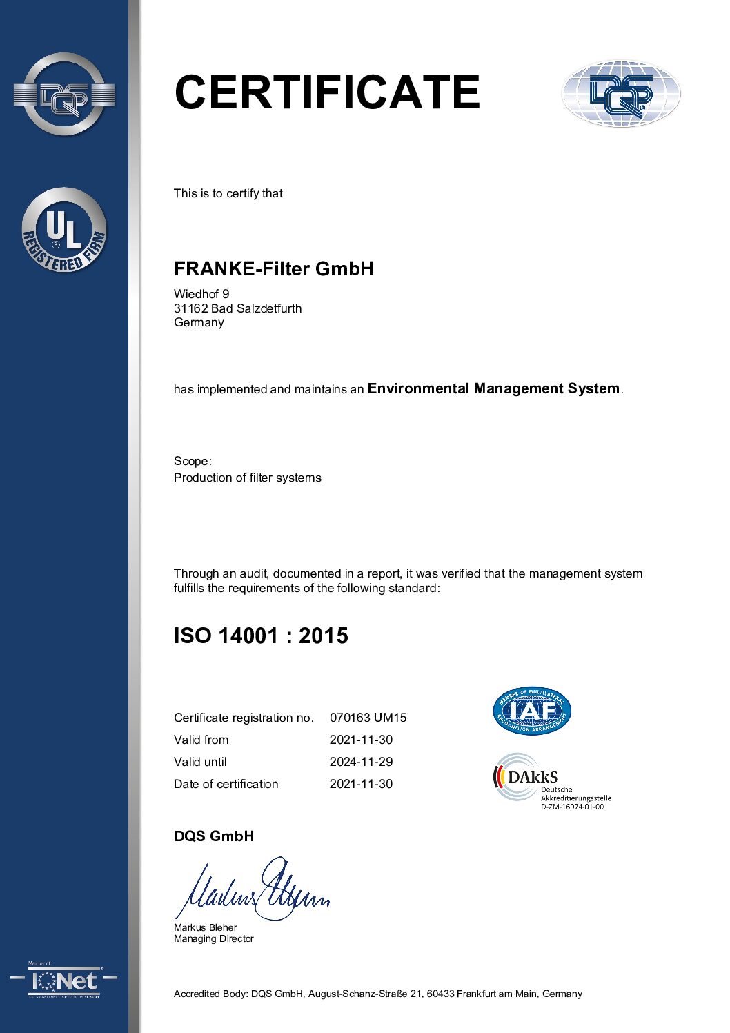 FRANKE-Filter certificate according to ISO 14001 environmental management system