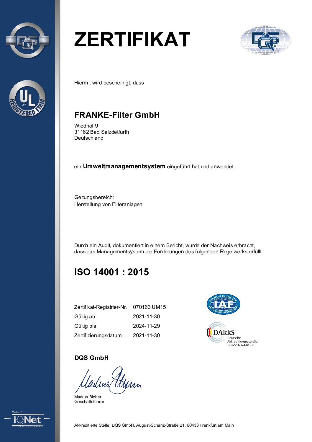 FRANKE-Filter zertifiziert nach ISO14001 (Umweltmanagement)