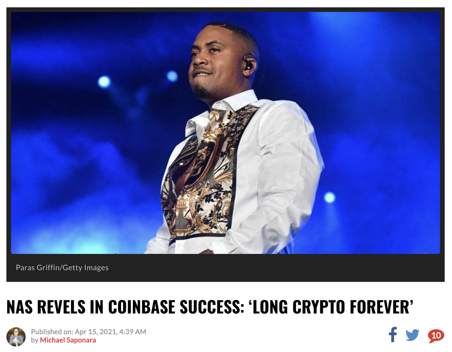 Nas revels in Coinbase success, April 14, 2021, in clear ...