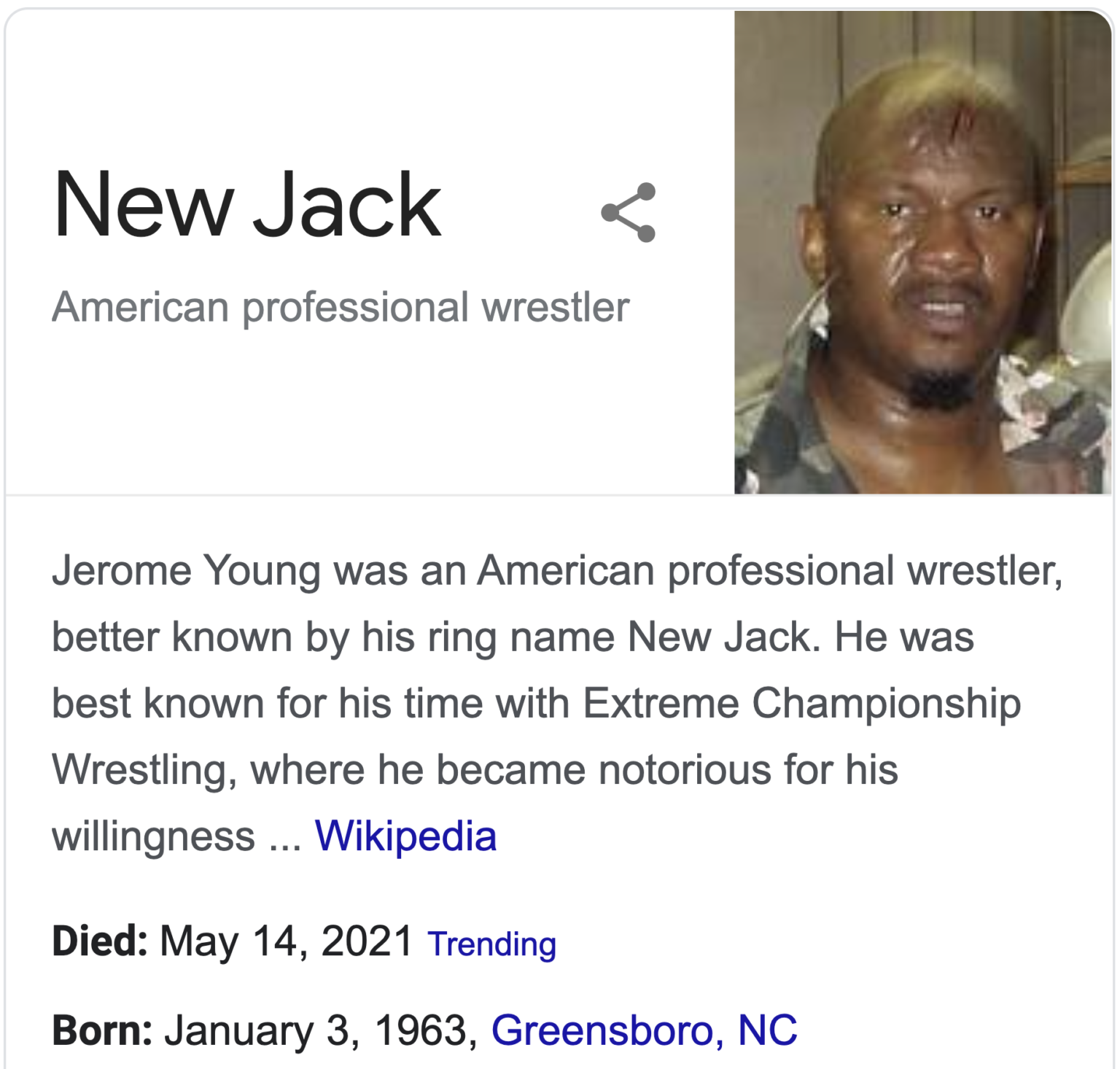 Pro wrestler Jerome 'New Jack' Young dead at 58, May 14, 2021