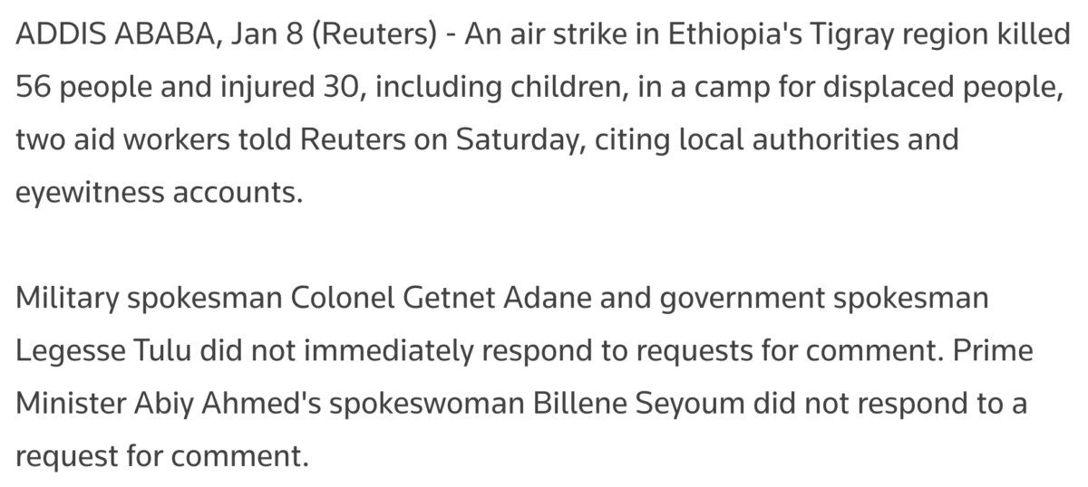 Aid Workers Say Ethiopia Drone Air Strike In Northwest Tigray Killed 56 People January 8 2022 