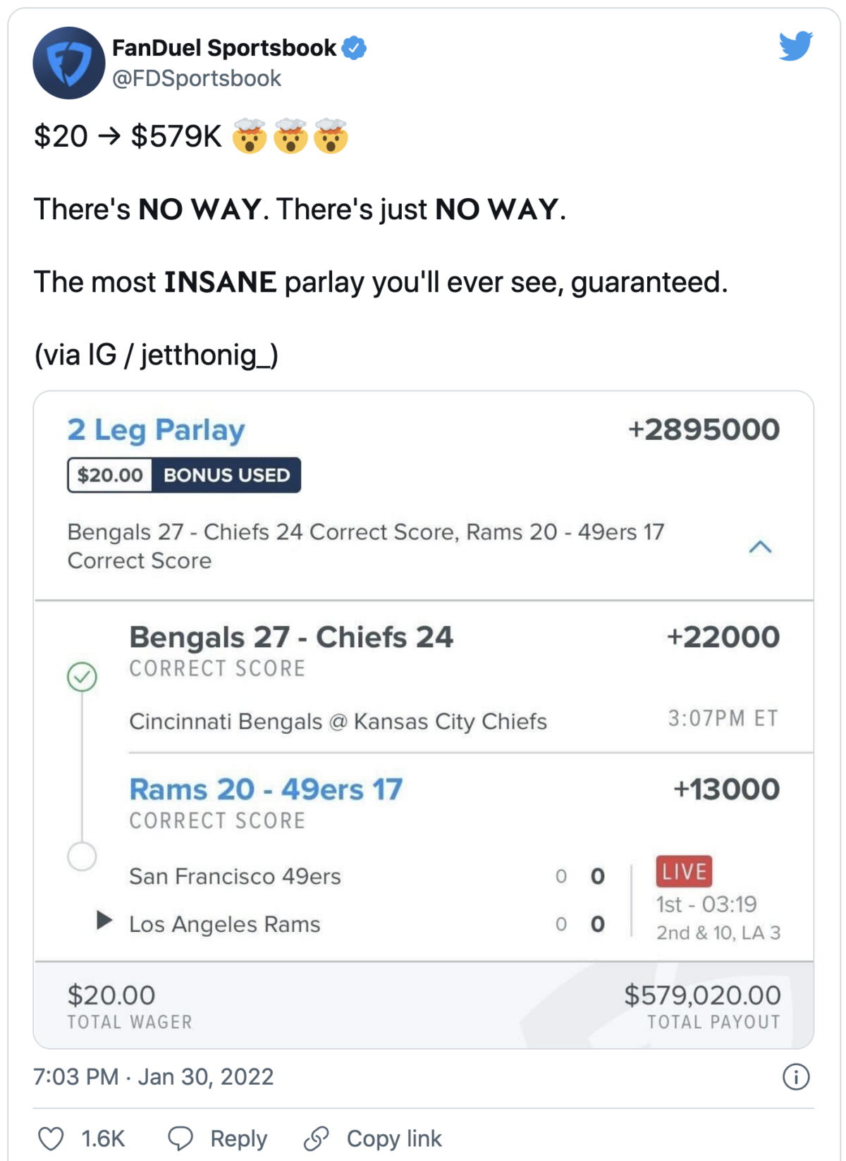 NFL bettor turns $20 into $579K win on insane score parlay