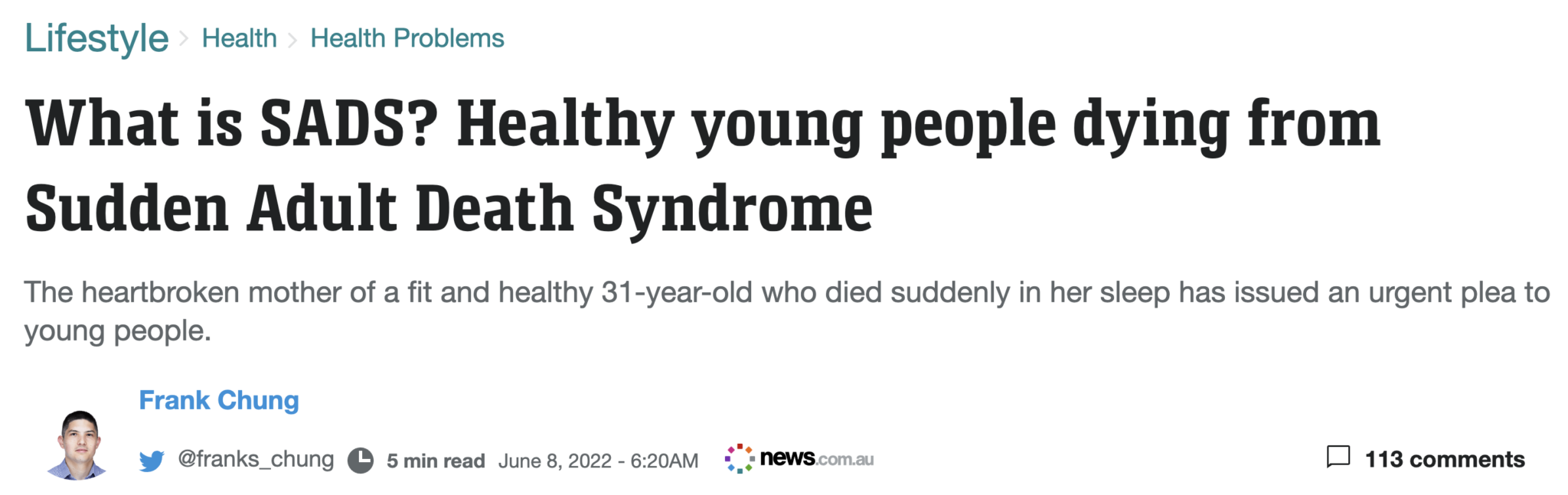 Sudden Adult Death Syndrome (SADS) a common thing in Australia