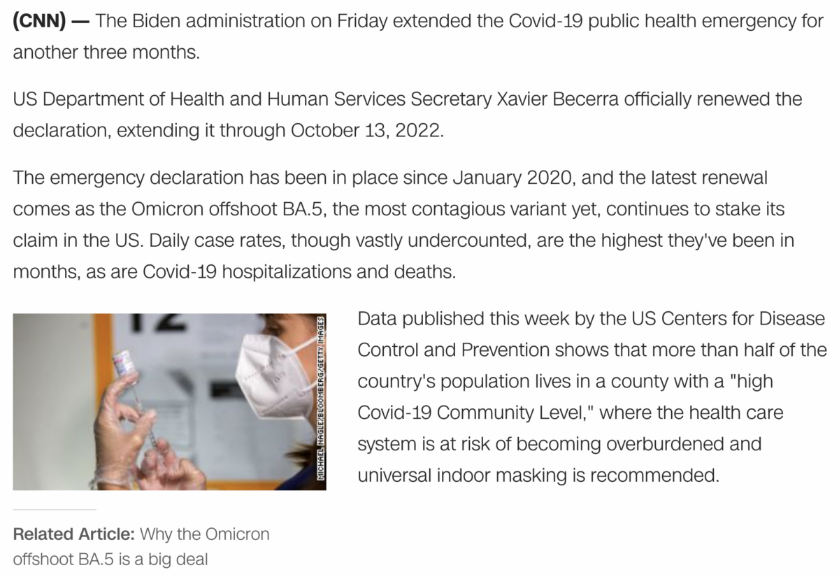 Covid19 public health emergency extended in the US, July 15, 2022