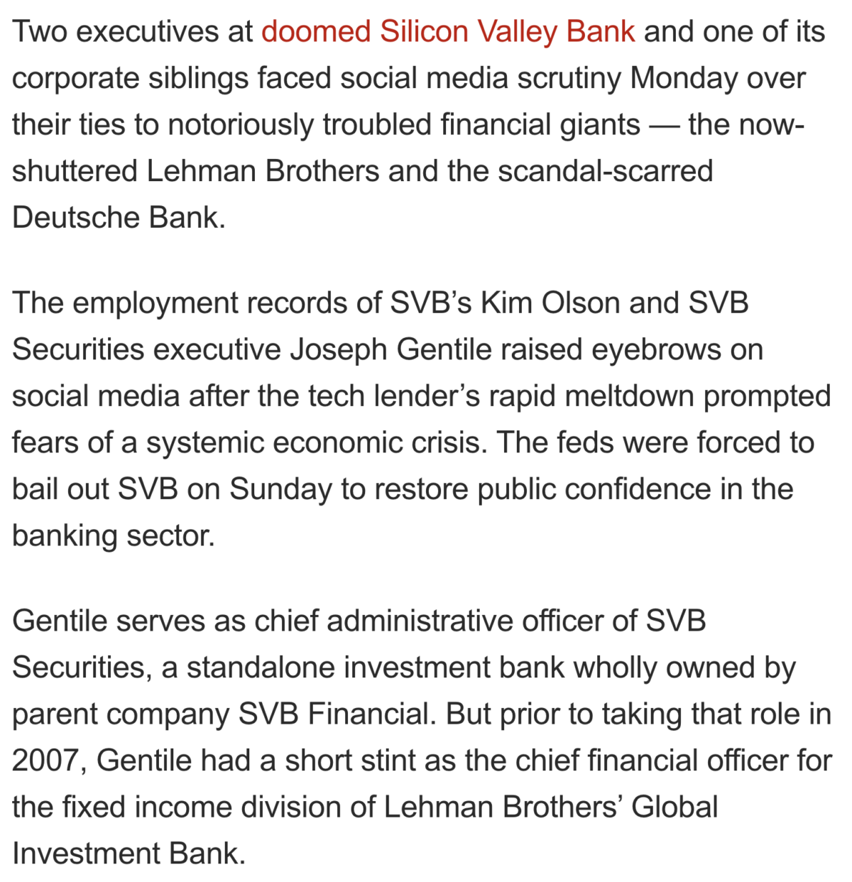 Top Silicon Valley Bank executives worked at Lehman Brothers & Deutsche