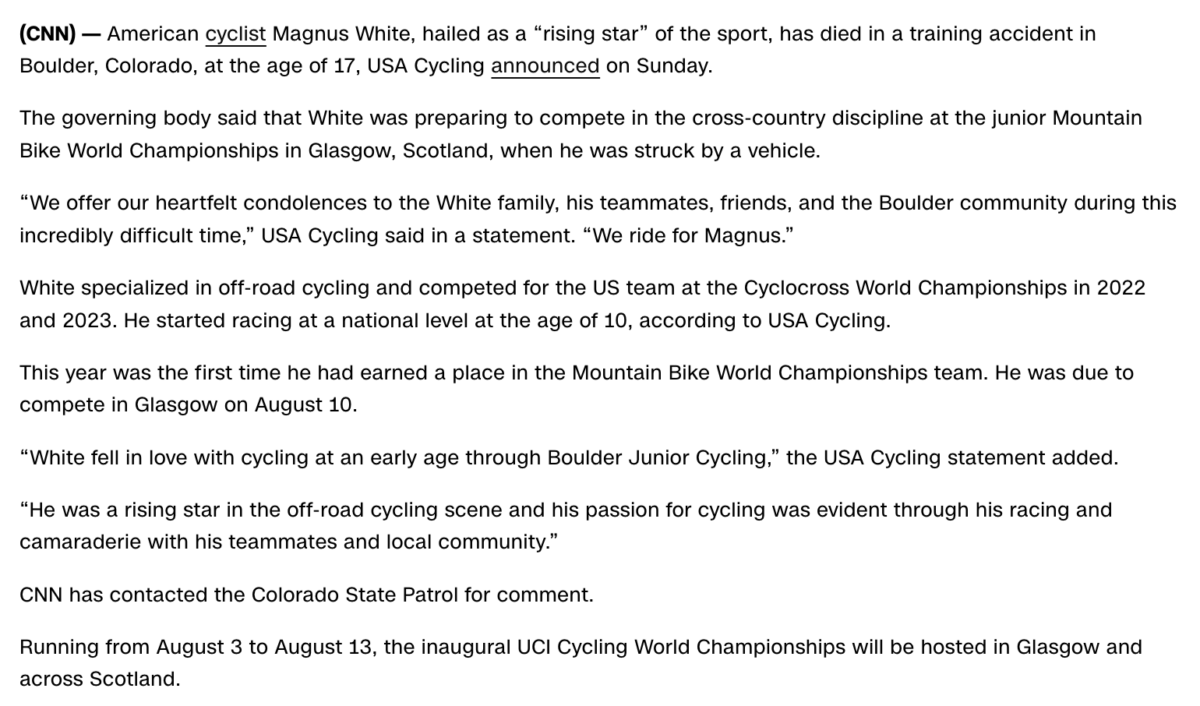 Magnus White 17 Year Old Star Us Cyclist Killed In Colorado Sunday July 30 2023 Gematria 4639
