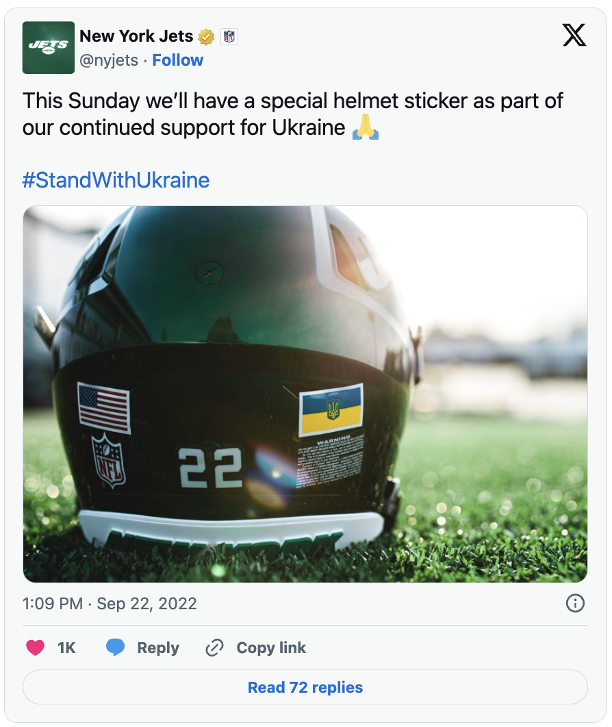 New York Jets to Wear Ukraine Flag Helmet Decals for Week 3 Game