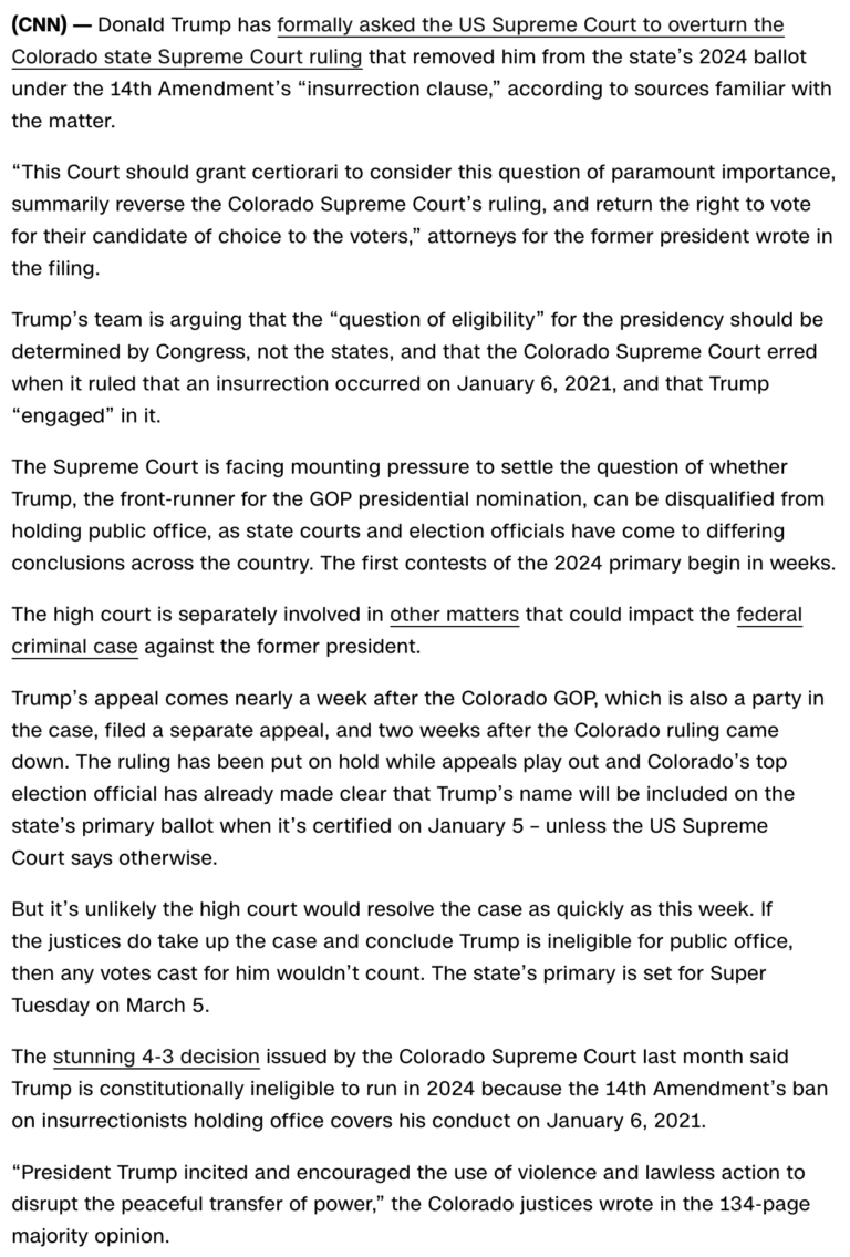 Trump appeals Colorado ballot ruling to Supreme Court, January 3, 2024