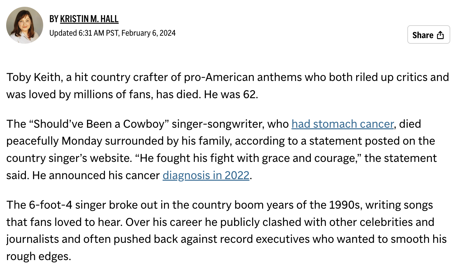 Country singer Toby Keith dead from cancer at age 62, February 5, 2024