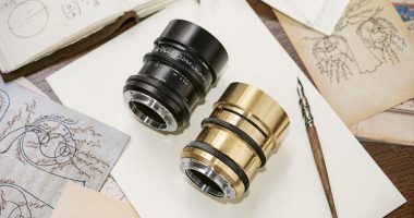 Lomography Nour Triplet 64 V2 Hero Image with lenses in Black Aluminum Finish and Brass Finish