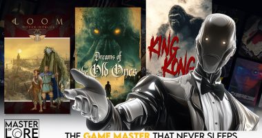A promotional graphic for 'Master of Lore,' featuring a sleek, metallic robot in a tuxedo gesturing towards various game covers, including 'Loom: Woven Worlds,' 'Dreams of the Old Ones,' and 'King Kong.' Text at the bottom reads, 'THE GAME MASTER THAT NEVER SLEEPS.'