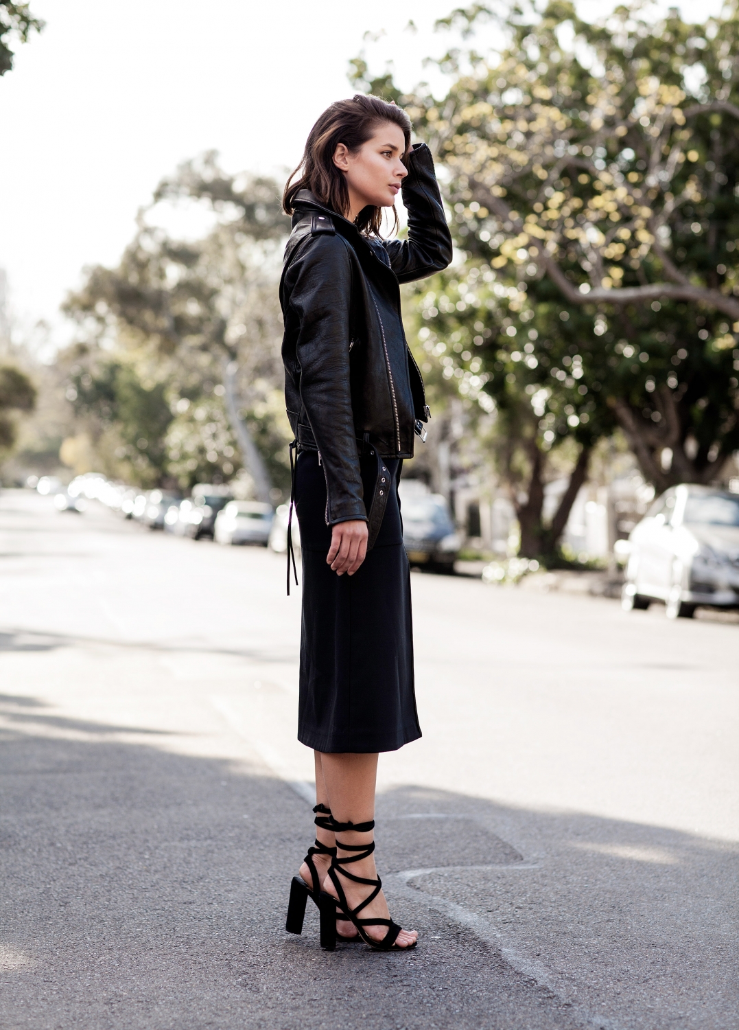 leather jacket and black midi skirt | Harper and Harley