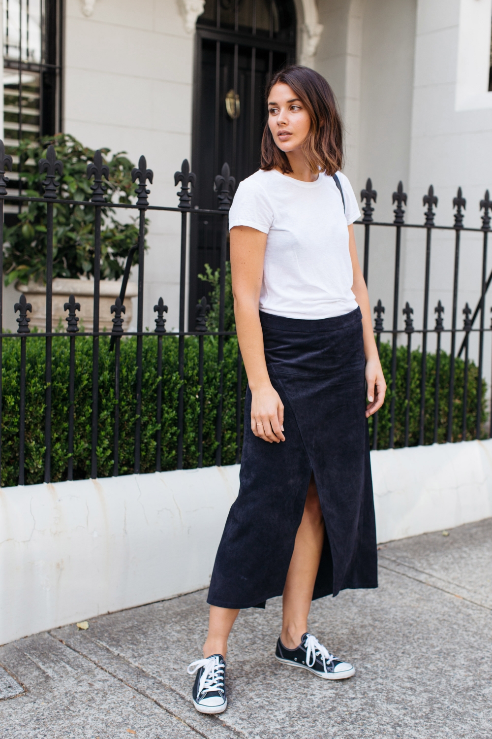 white t shirt with skirt