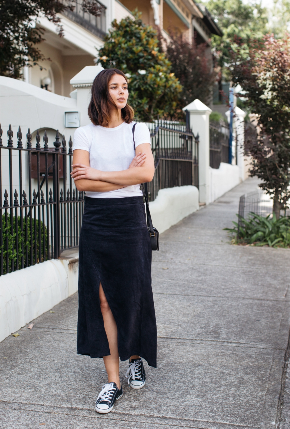 raey navy suede skirt and white t-shirt
