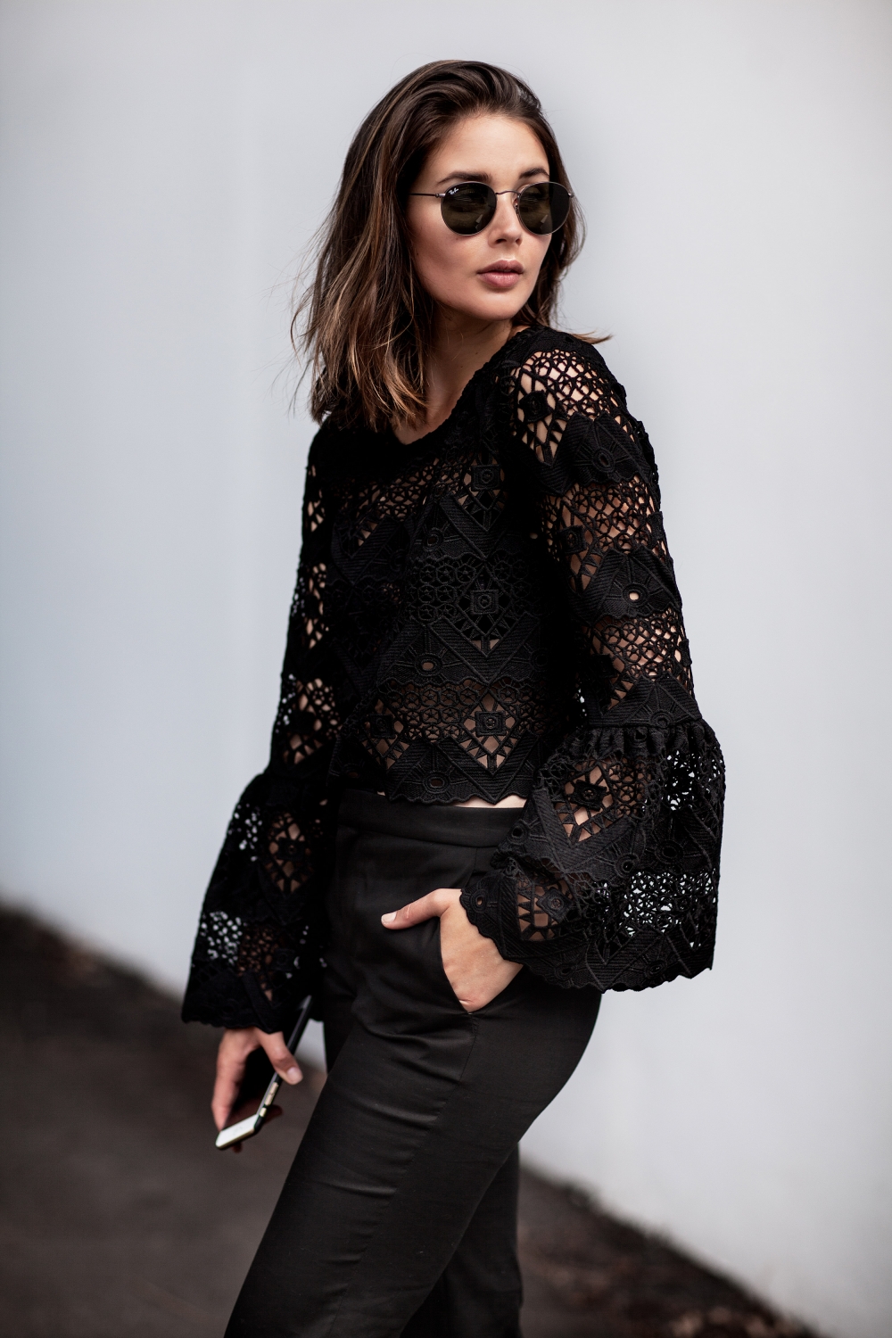 black lace shirt outfit