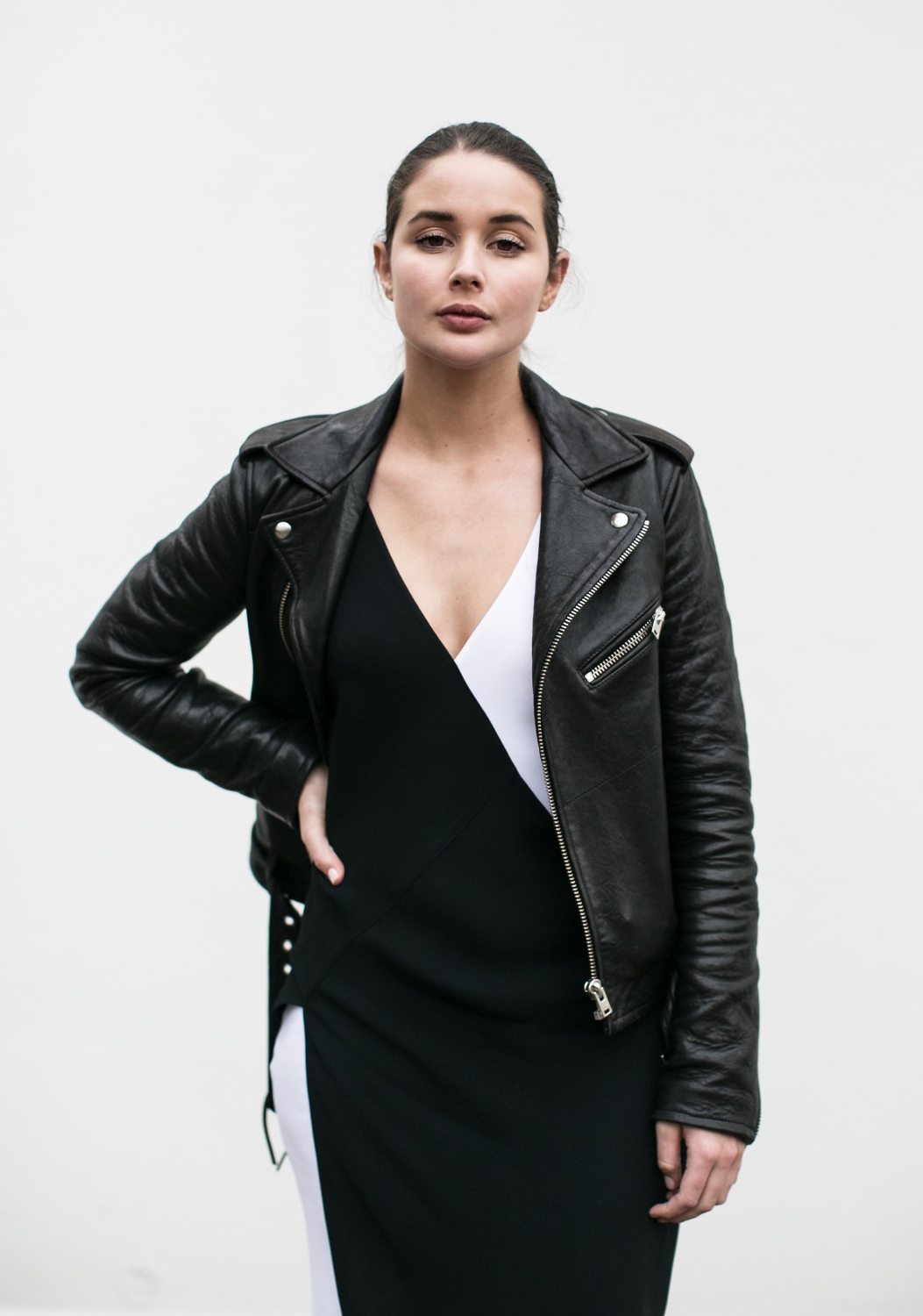 tome dress, black and white, outfit, style, leather jacket, harperandharley