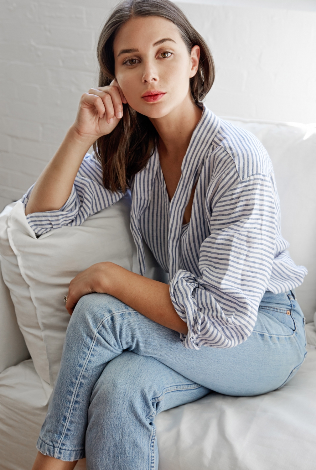 blue and white striped jeans outfit