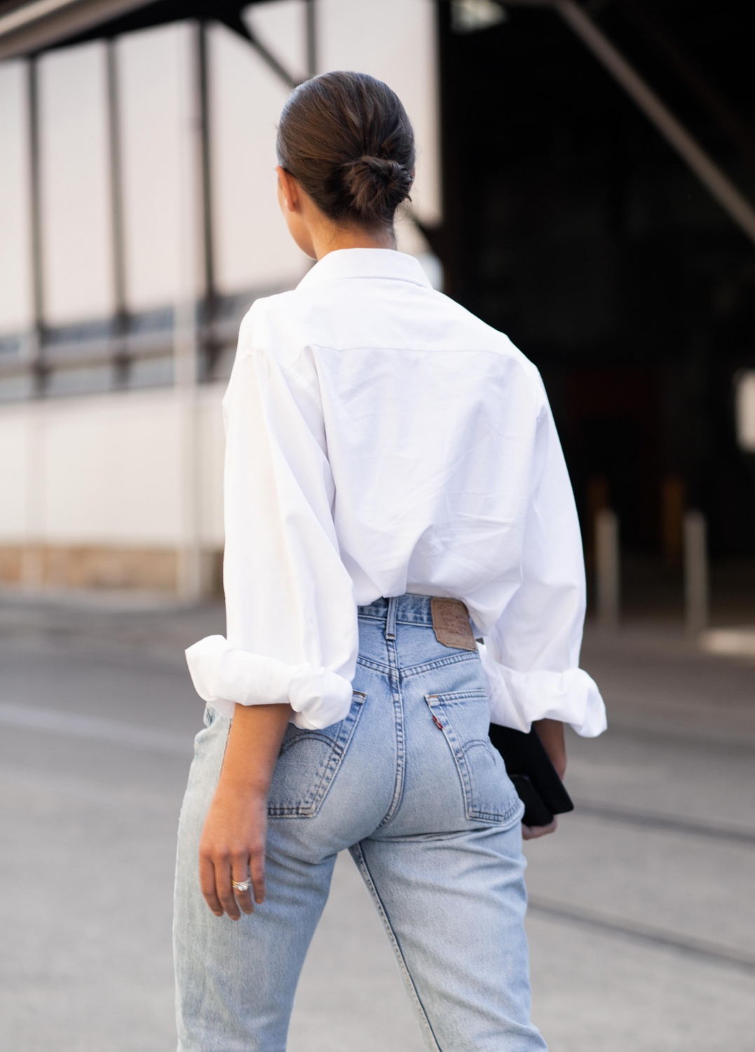 denim and white shirt outfit