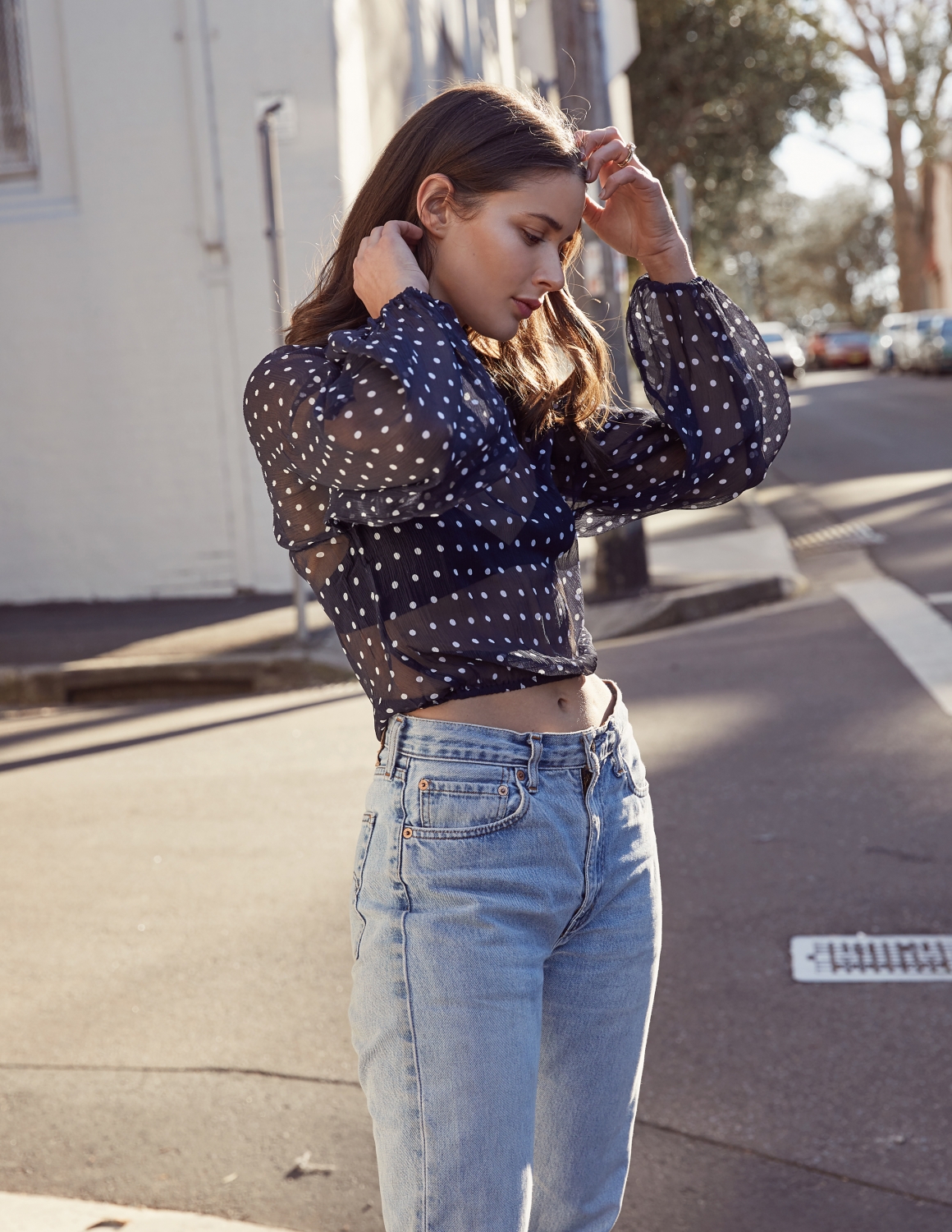 black and white polka dot shirt outfit