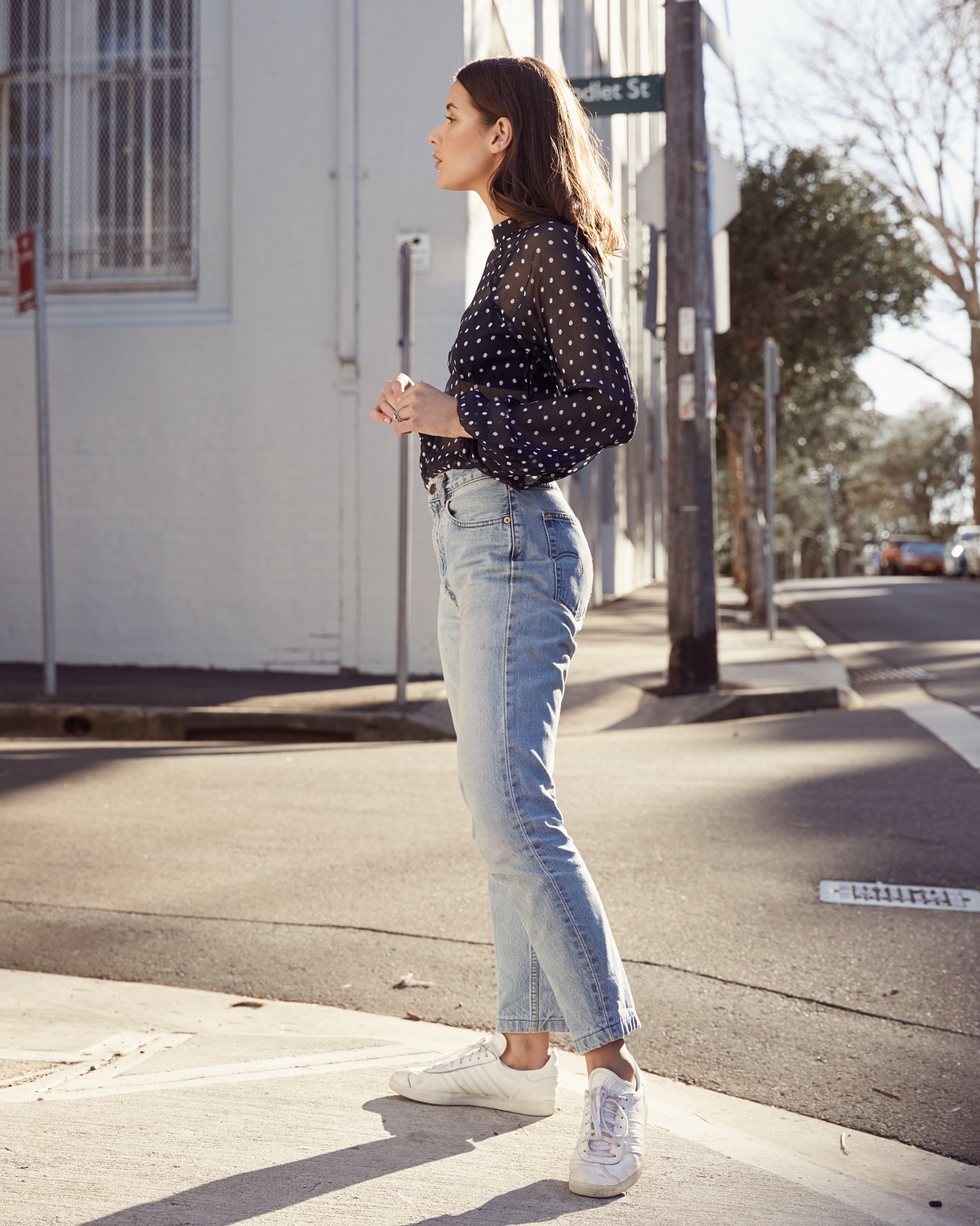 white polka dot blouse outfit