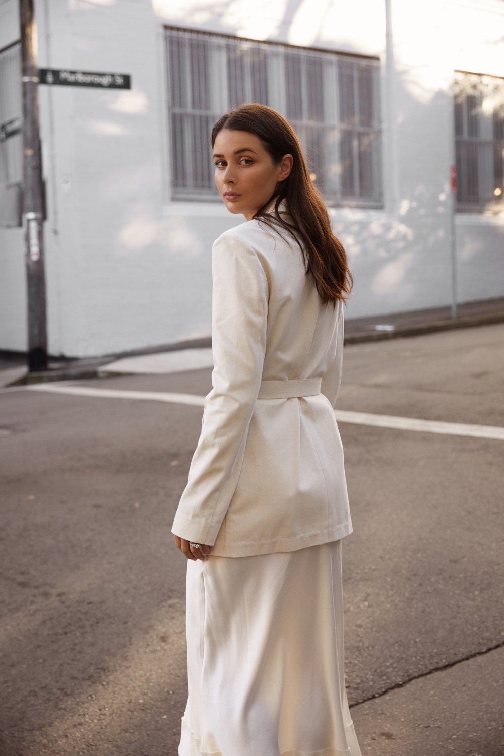 Harper and Harley cream blazer and silk slip skirt