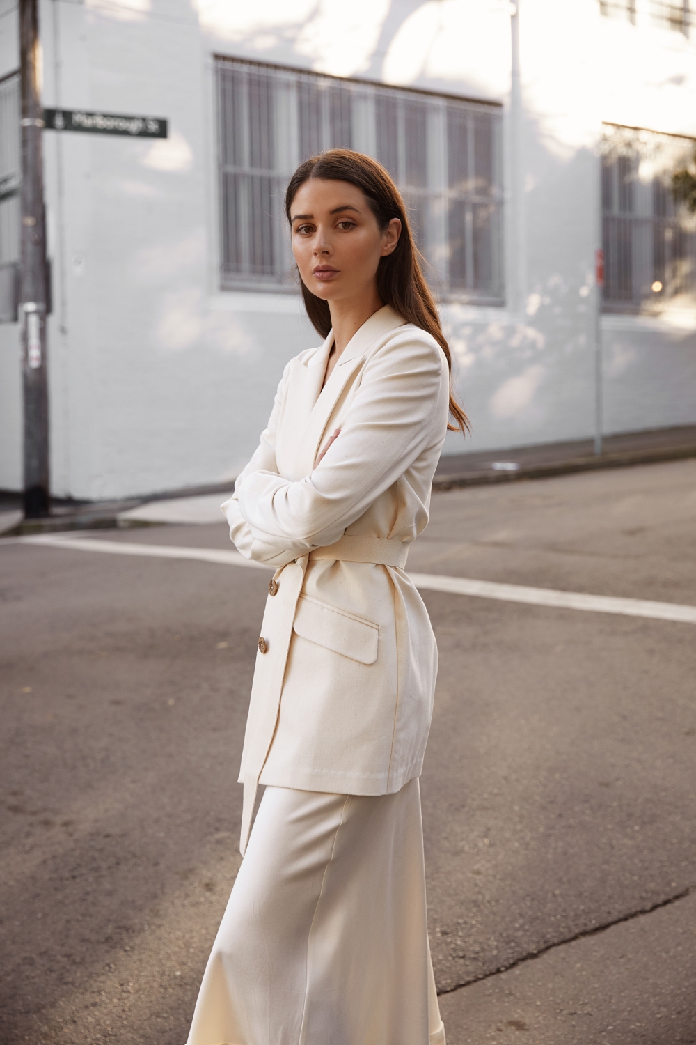 Harper and Harley cream blazer and silk slip skirt