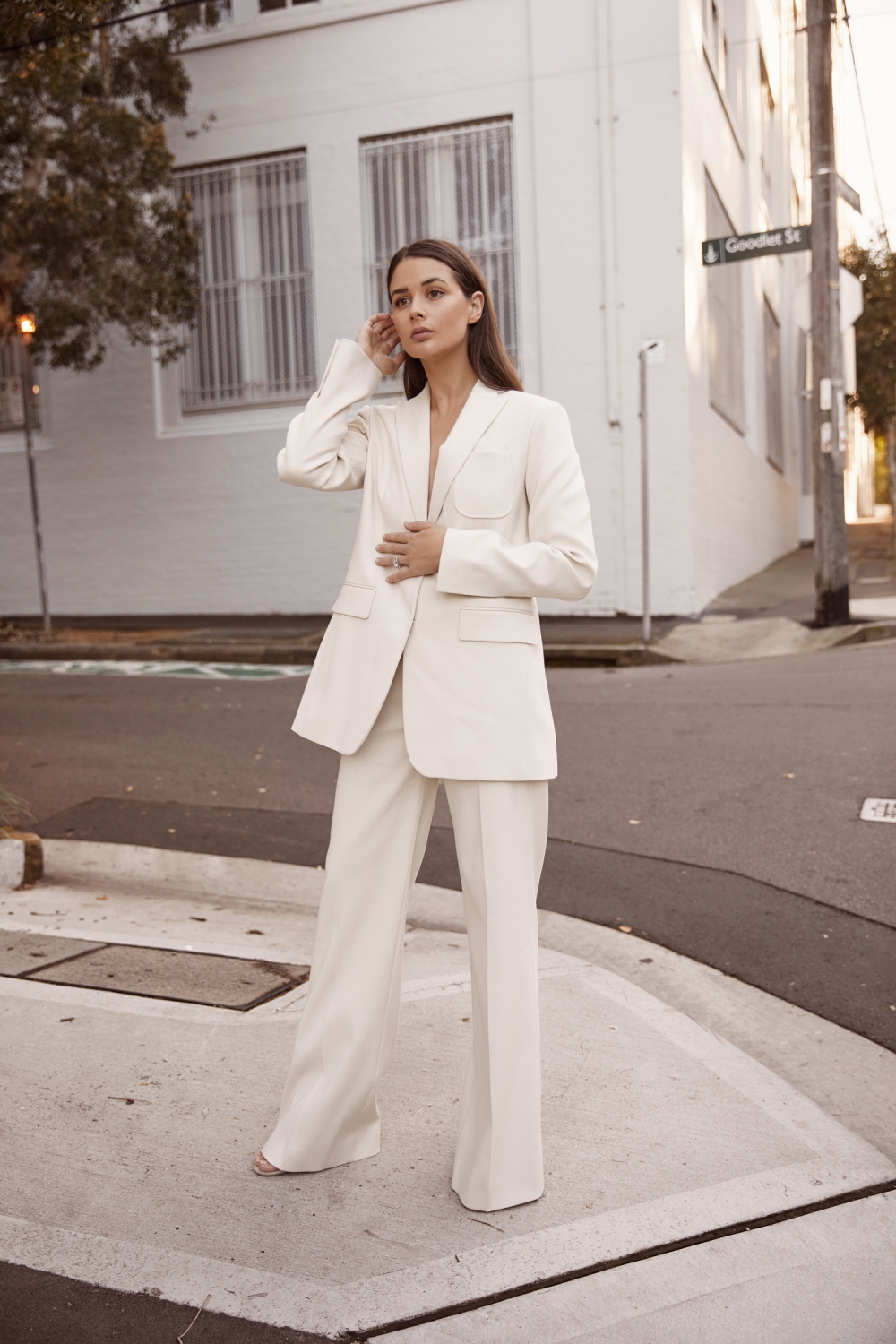 Harper and Harley wearing cream suit from Joseph