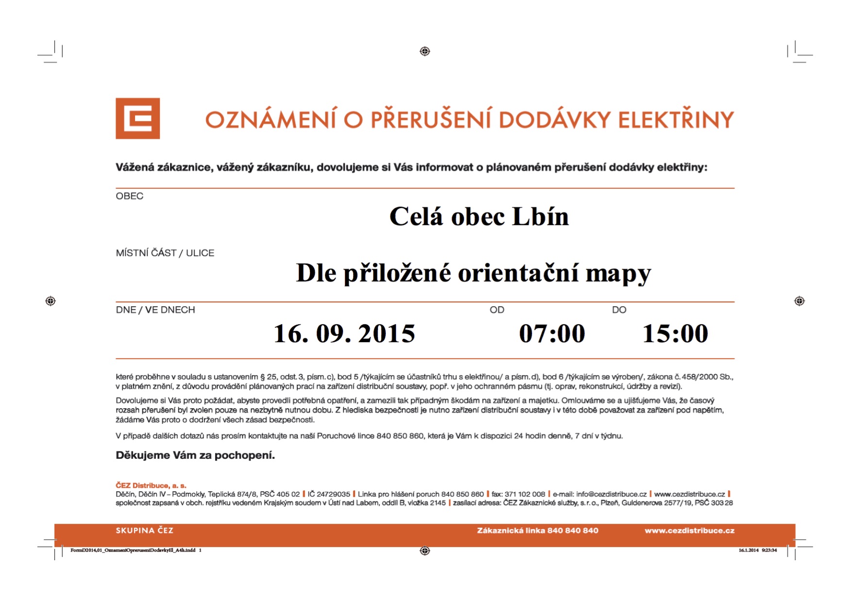 16. 09. 2015 Lbín Oznámení