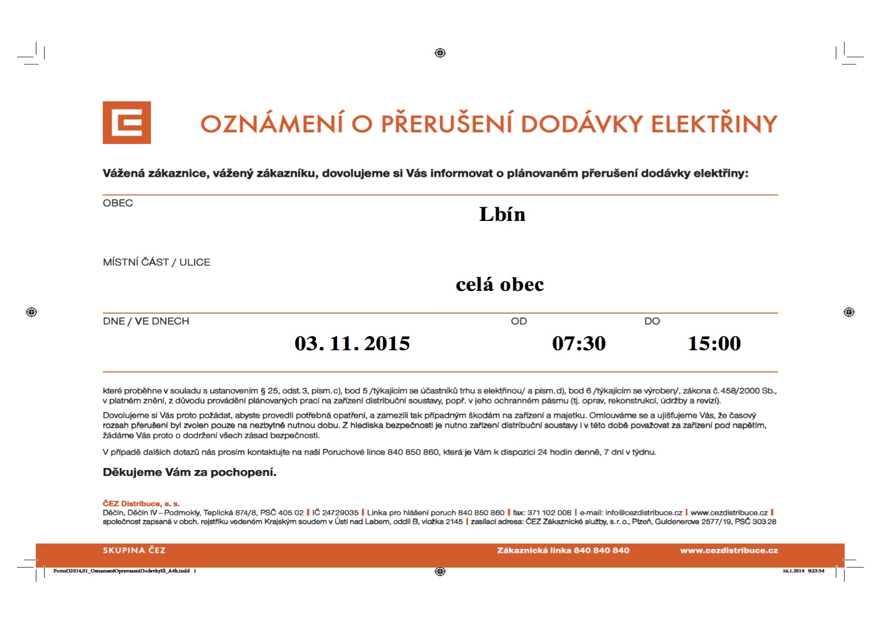 03. 11. 2015 Lbín Oznámení