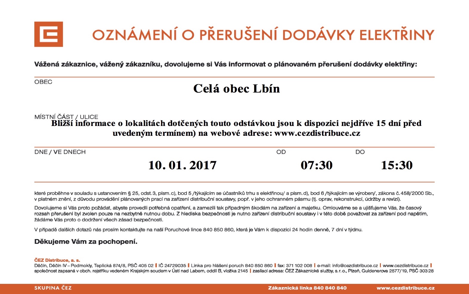 Oznámení o přerušení dodávky elektřiny 10.1.2017 – Lbín