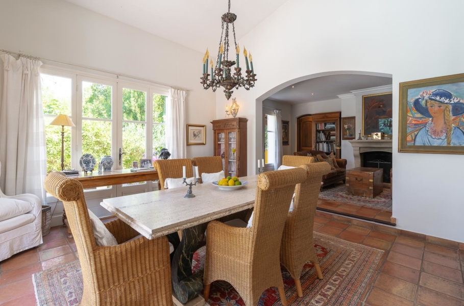 Dining room Tile Chandelier Wooden floor Fireplace