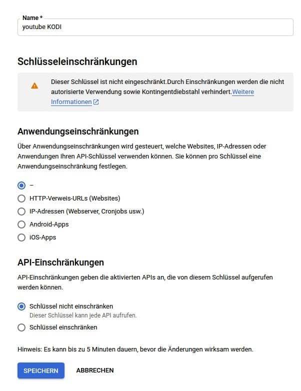 Anwendungsbezeichnung und Schlüsseleinschränkungen