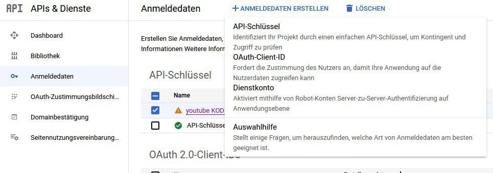 Typauswahl für die Anmeldedaten