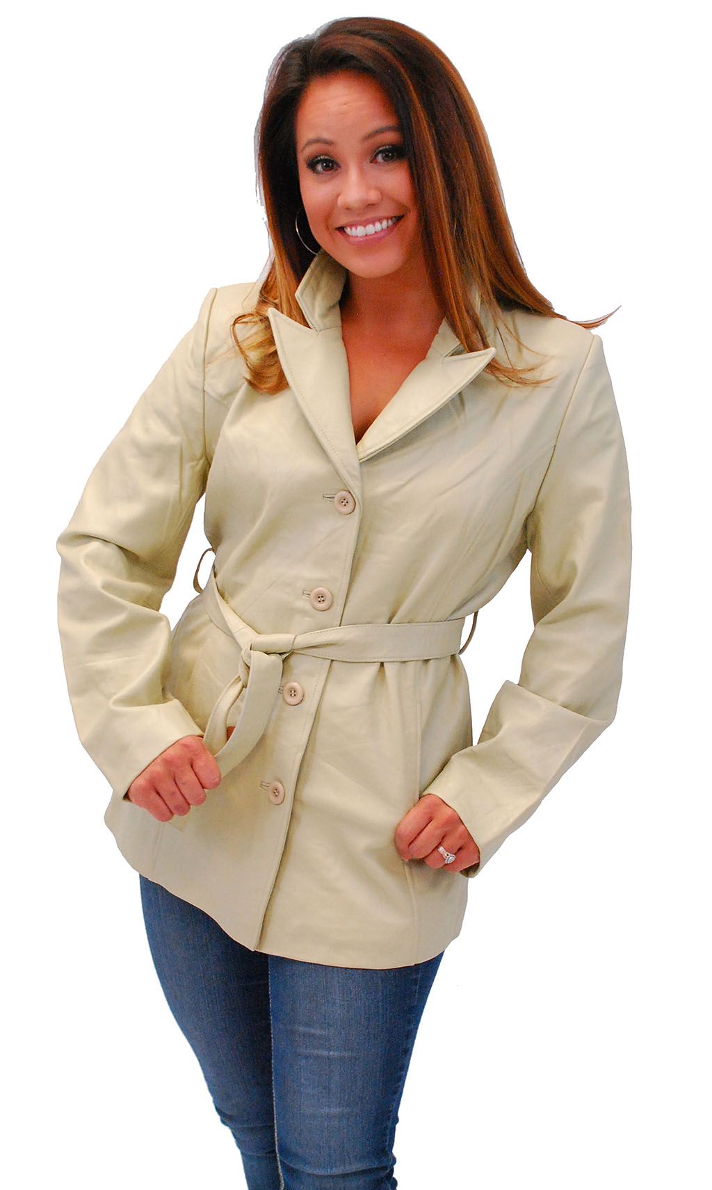 woman wearing a ladies white leather blazer