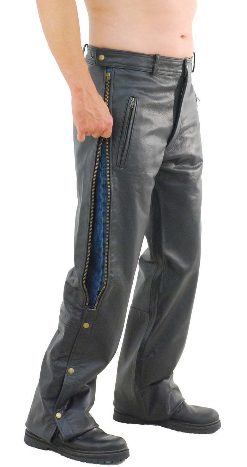 biker wearing leather motorcycle jeans with zip and snap sides