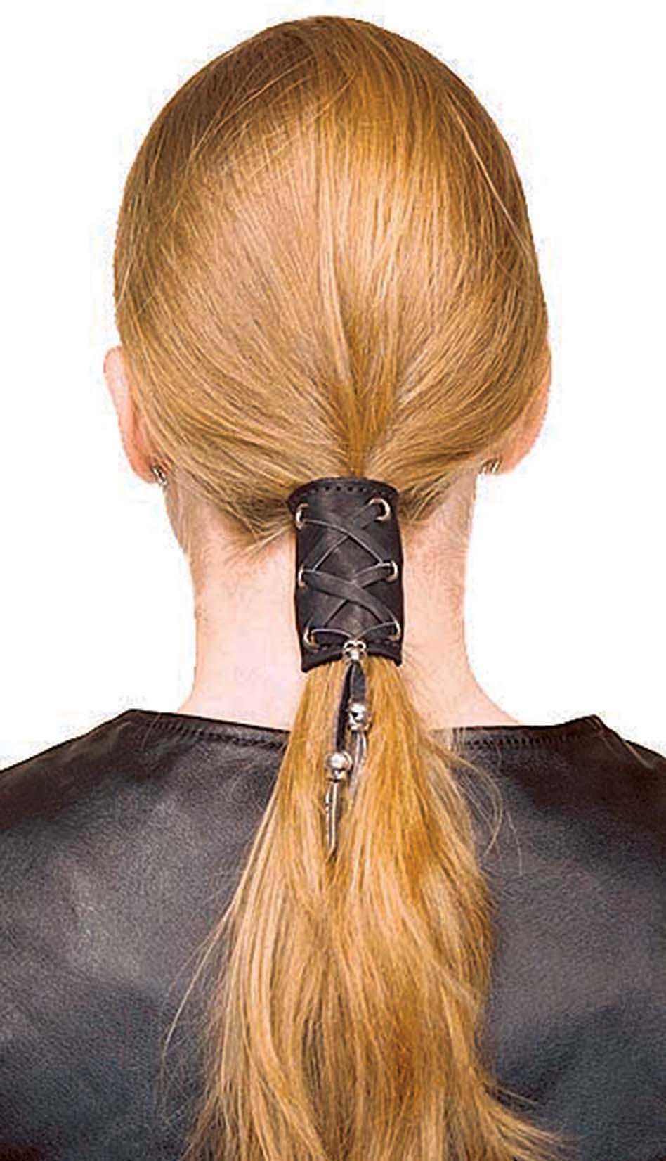 biker chick wearing a hair ponytail wrap