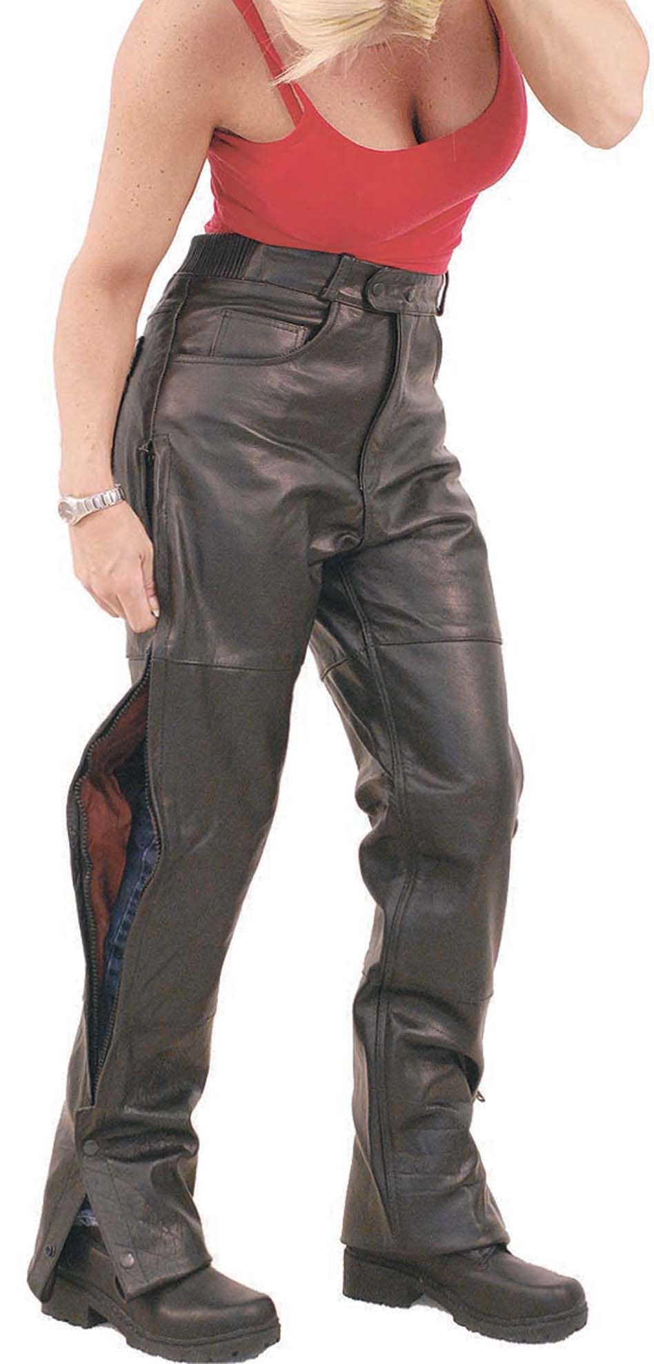 biker chick wearing black leather overpants with zip sides