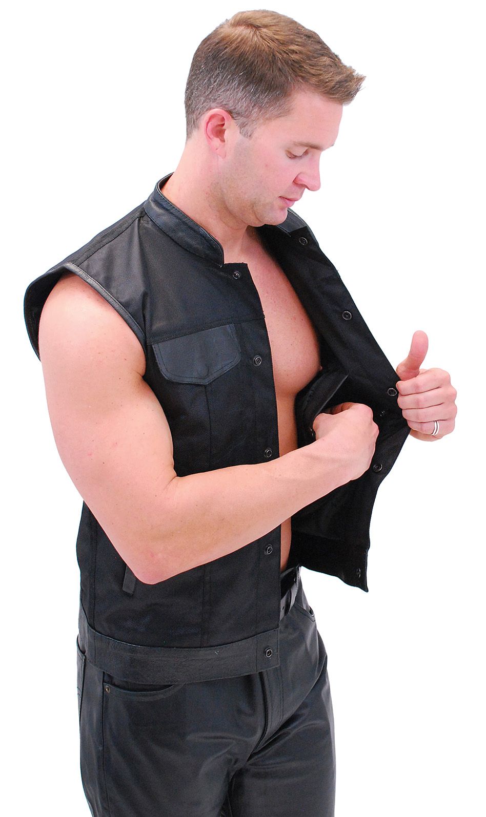 Men's Leather & Nylon Anarchy Biker Club Vest W/CCW Pockets #VMC720K